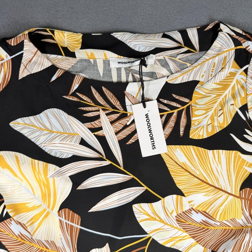 Woolworths T-Shirt Dress Womens Small Black Tropical Leaf Print Knee Length - Picture 2 of 13